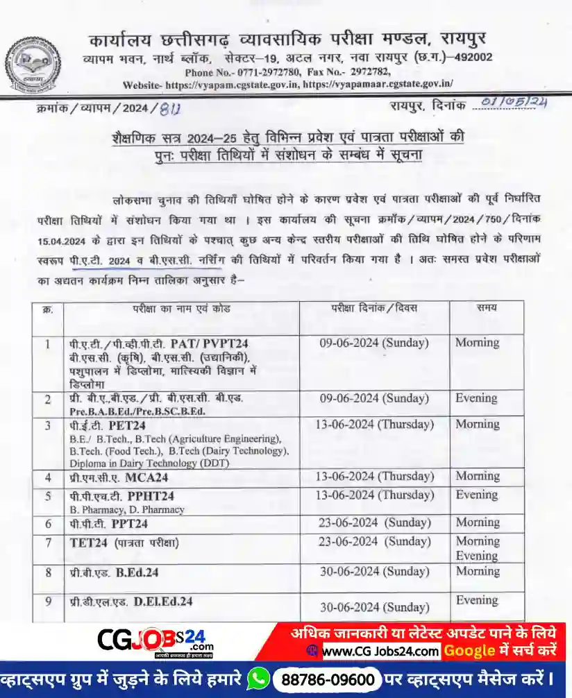 CG Vyapam Exam Date 2024 : सीजी व्यापाम एग्जाम डेट में फिर बदलाव